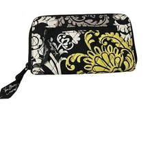 Vera Bradley Zip Around Wallet Retired Print Black Yellow Gray Floral