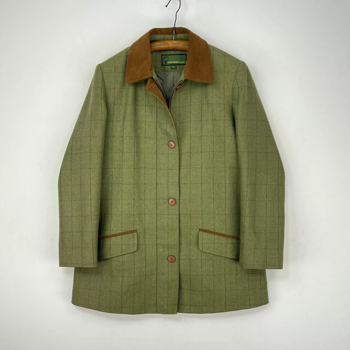 Hide Park Tweed Coat Womens Large UK 14 Green Check Wool Shooting