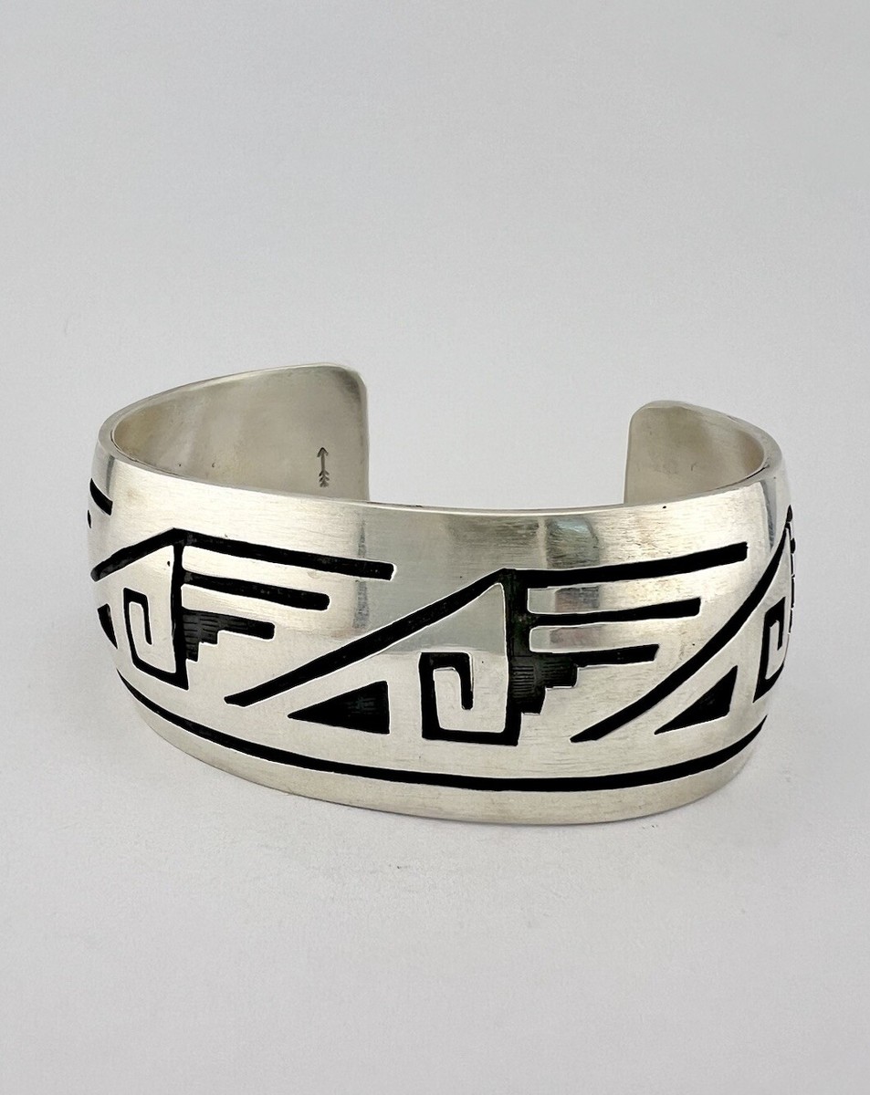 Vtg HOPI Sterling Silver Tribal Design Overlay Wide Cuff
