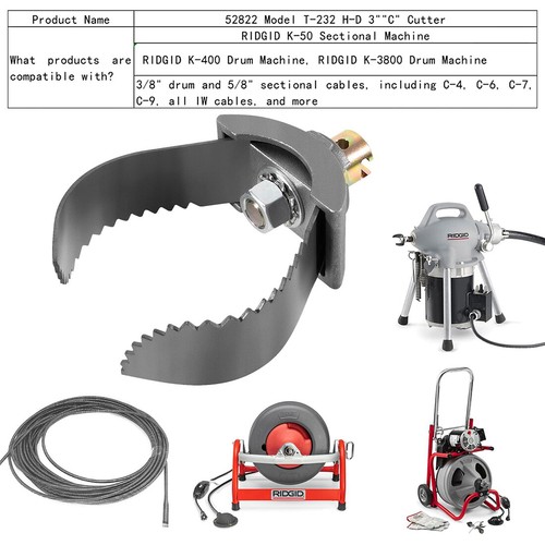 for Sewer Auger Drain Cleaner 3" Ridgid Drum 52822 T-232 H-D "C" Double Cutter - Picture 3 of 16