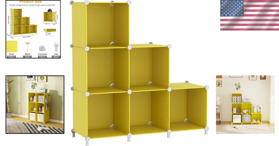 Cube Storage Organizer 6 Cube Shelves Stackable Plastic Closet Shelf Yellow - Image 2 of 4