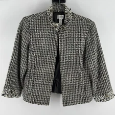 Chico's Tweed Jacket Womens 1 M(8) White Black Lined Pearls Sequin Open Front