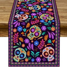 Dia De Los Muertos Table Runner Linen Mexican Sugar Skull Day of the Dead Alt...