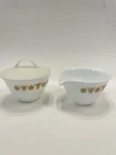 3PC CORELLE BUTTERFLY GOLD GLASS CREAMER CREAM & SUGAR BOWL SET w/ LID VTG