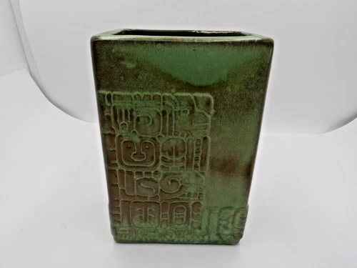 Frankoma Pottery Mayan Aztec Pillow Vase 1940's Turquoise Glaze Ada Clay