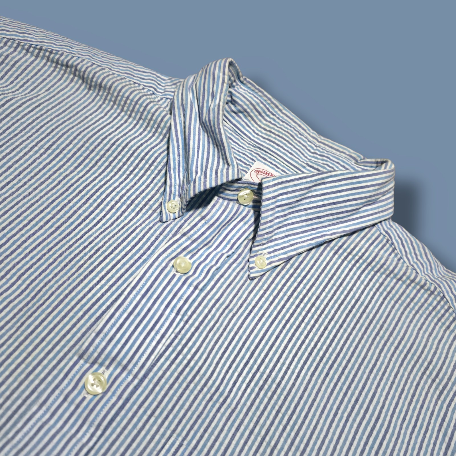 Vintage Brooks Brothers Seersucker Shirt Blue White Striped Mens Large