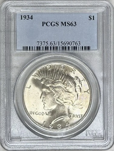 1934 PEACE SILVER DOLLAR NGC MS63 GREAT STRIKE!