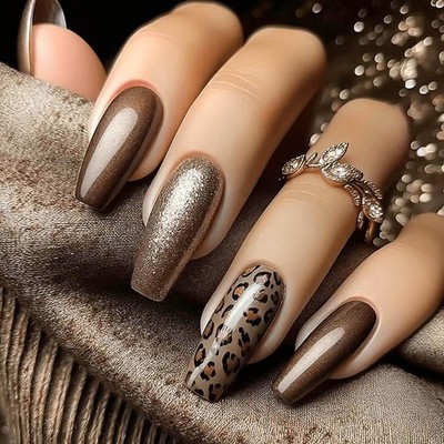 48 Pieces of High-end Brown Gold Leopard Print Fake Nails - Removable Nail Art