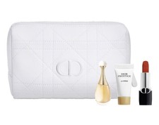 DIOR WHITE QUILTED MAKEUP ZIP BAG/LIPSTICK/PRESTIGE LA CREME/JADORE EDP/4PC SET