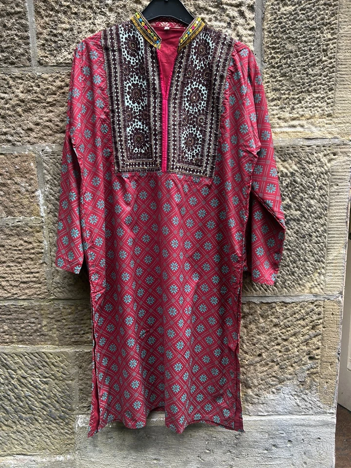 NEW Red Maroon Cotton shirt Hand Emboidered - hippy boho kurta festival - Image 3 of 4