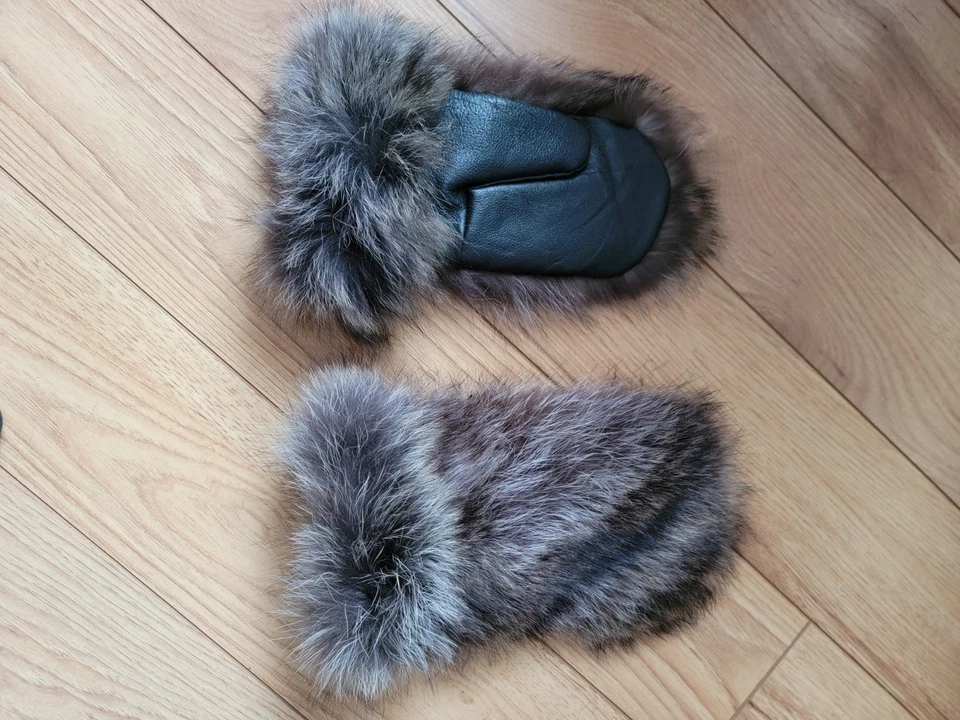 Mittens For Women & Men,  Real Raccoon Fur And Leather. Fleece Lining - Handmade - Image 3 of 4