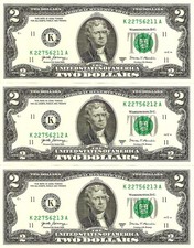 United States USA 3x 2 dollars 2017 P-545 letter K UNC consecutive