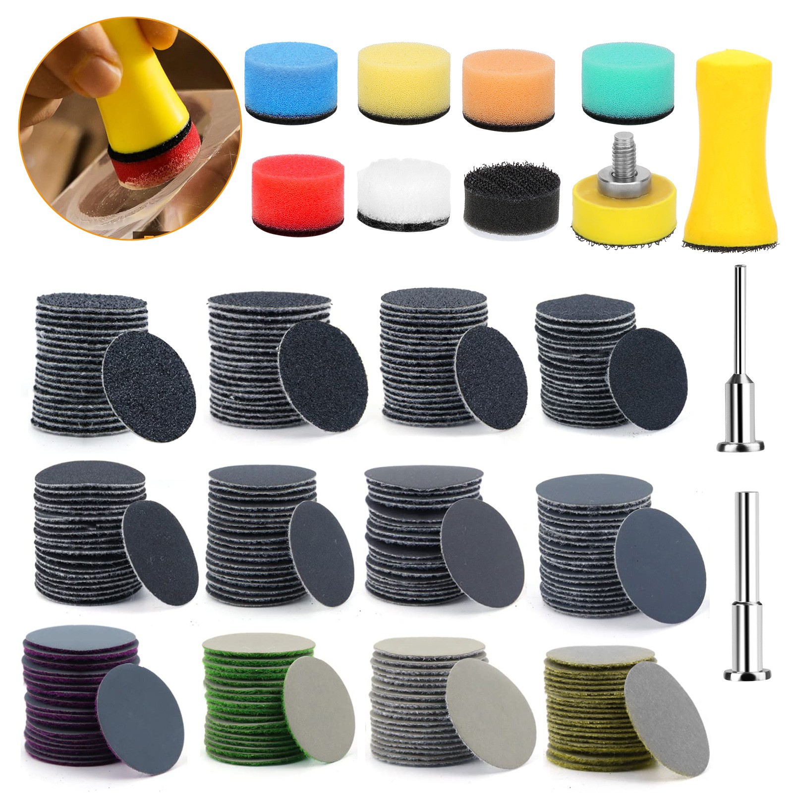 250PCS 1" Hook & Loop Sandpaper 60-10000 Grit Wet Dry Polishing Pads for Drill