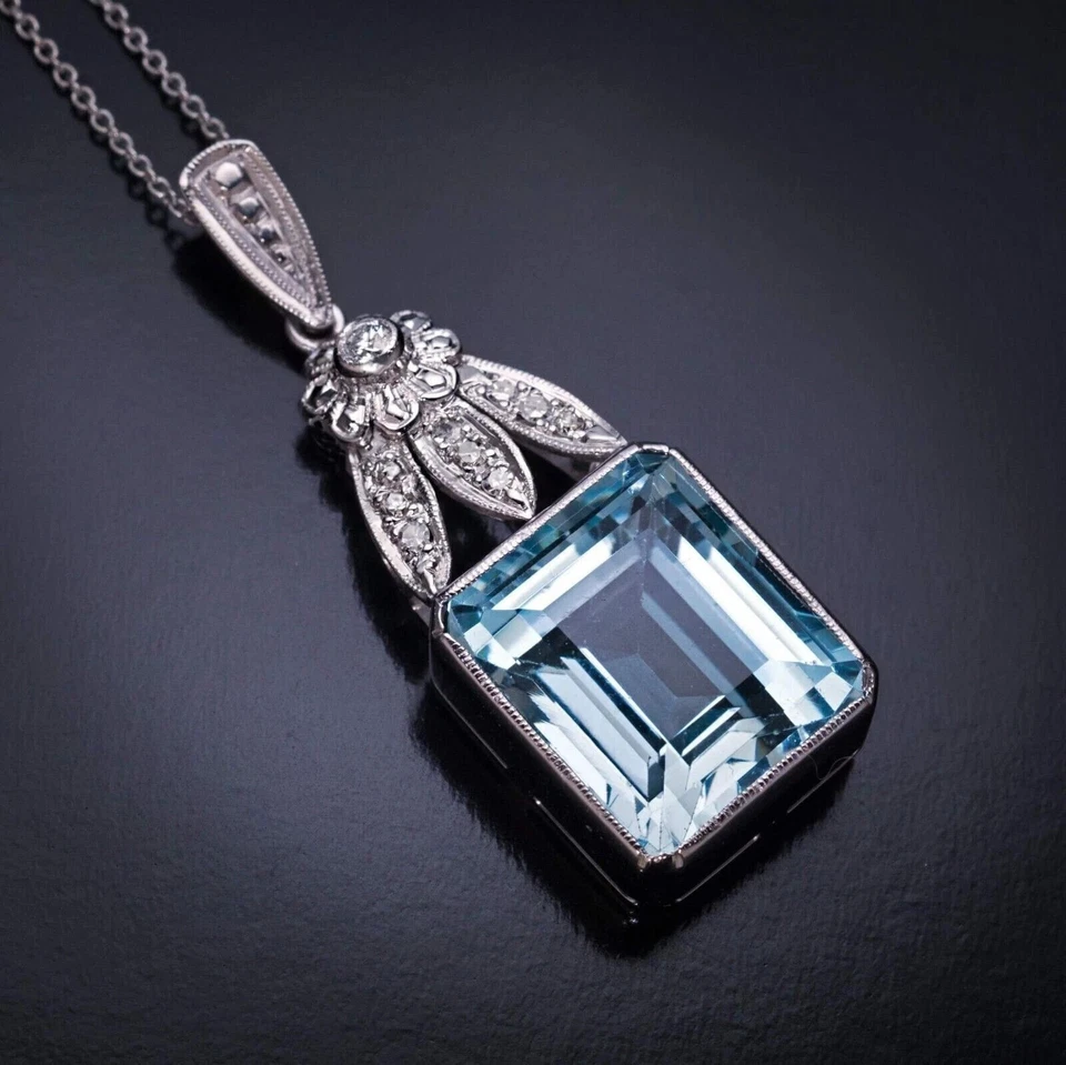 Emerald Cut Simulated Aquamarine Vintage Pendant Chain In 14k White Gold Plated - Image 2 of 4