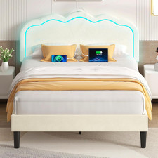 Elegant Beige Queen Bed Frame with LED Lights, USB Ports & Velvet Upholstery