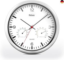 MEBUS Quarz-Wanduhr mit Thermometer und Hygrometer/silberner Rahmen/weißes 