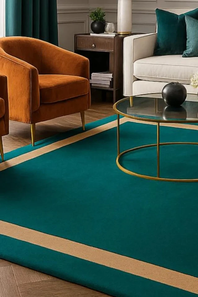 Minimalist Teal Border Rug Modern Geometric Area Carpet for Living Room Bed room - Image 2 of 4
