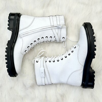 NWOB Tory Burch Women's T-Hardware Lace Up Combat Boots in White Crackle  Size