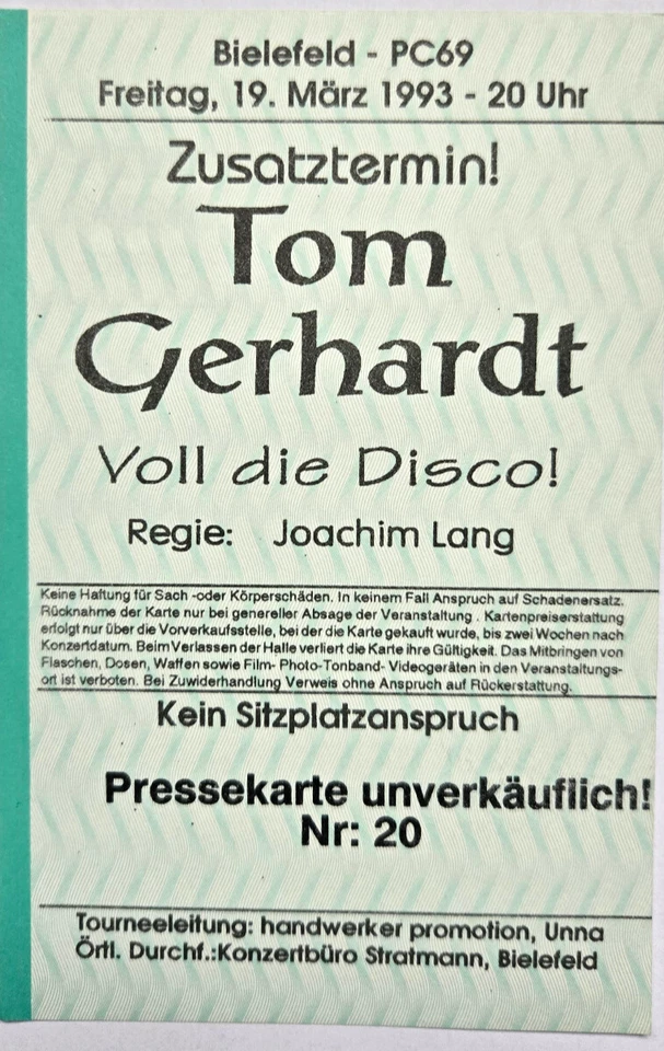 Tom Gerhardt -Voll die Disco- altes Ticket / Pressekarte 1993 PC69 wie neu