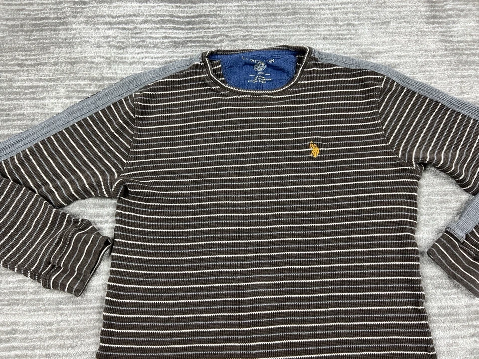 Camisa Polo Assn Para Hombres Grande Marrón Rayas Manga Larga Tejido Gofre Informal Foto 2 de 4