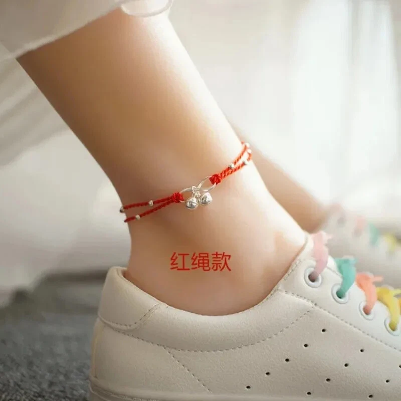 Tobillera campana cuerda roja tejida a mano estilo étnico para mujer joyería coreana de verano Foto 3 de 4