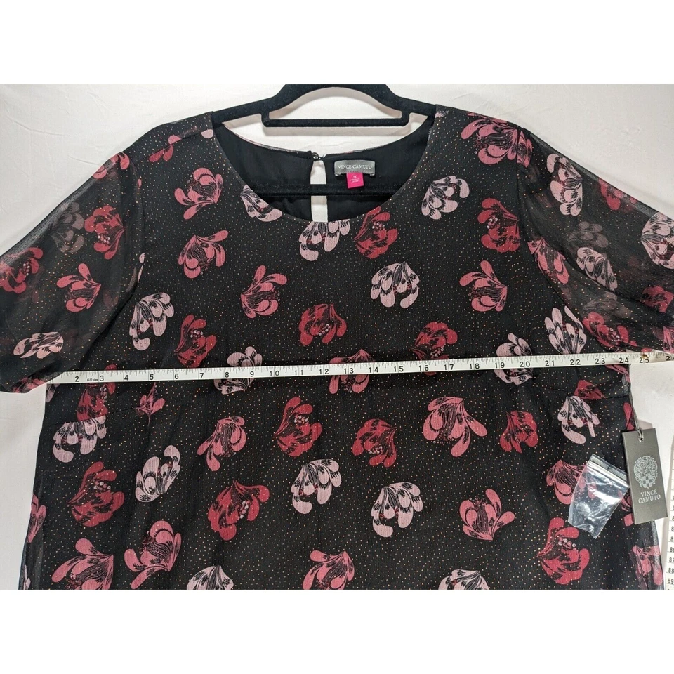 Vince Camuto Sheer Black Pink Floral Tunic Blouse Sparkle Dots Short Sleeve NWT - Image 3 of 4