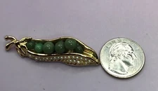 Green Pea Pod Faux Pearl Accents Green Peas Brooch Pin 2” Goldtone