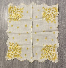 Vintage Handkerchief Hanky Yellow Embroidered  Printed Floral Scalloped Edges