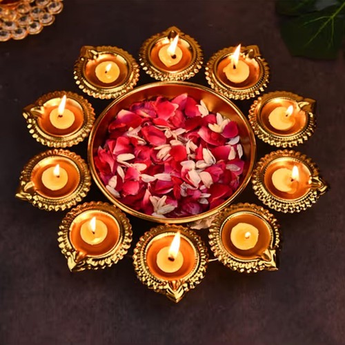 Diya Shape Flower Decorative Urli Bowl Home Decor Diwali Decoration Bowl 7 inch - Picture 14 of 25