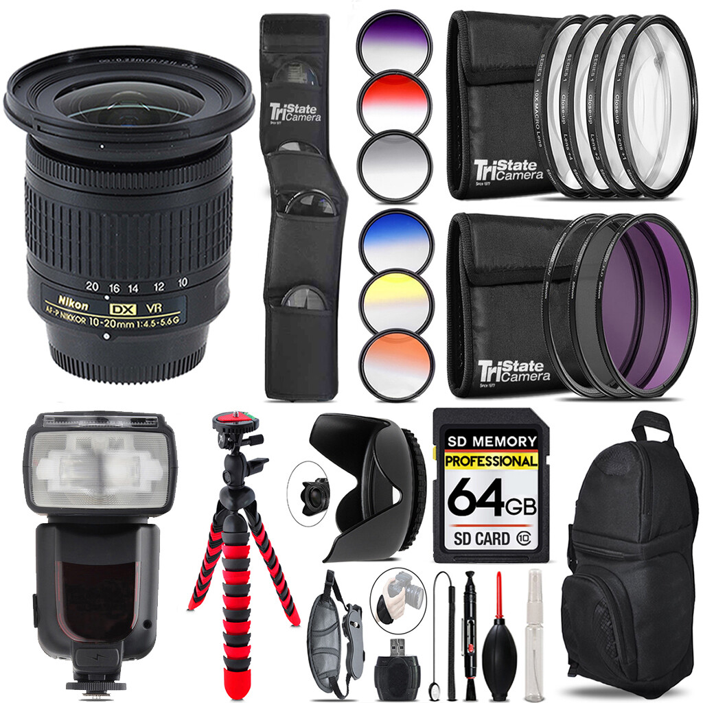 Nikon AF-P DX 10-20mm VR Lens + Nikon Speedlight - 64GB Accessory