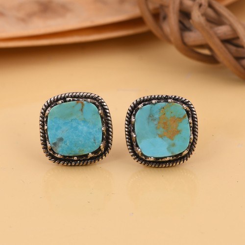 Genuine Kingman Turquoise Cushion 925 Silver Oxidized Stud Earrings Jewelry - Picture 5 of 10