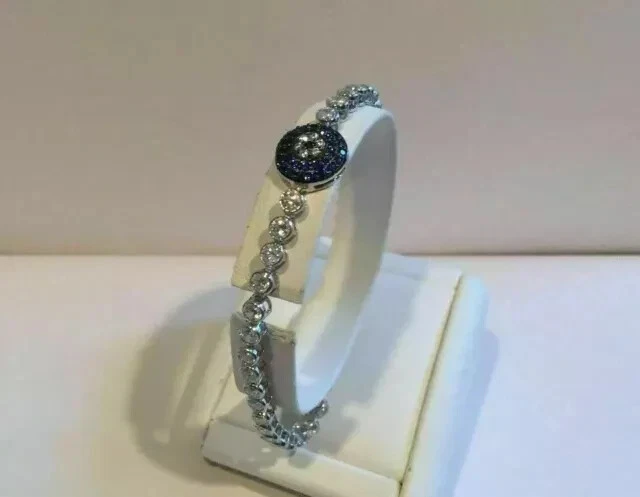 Brazalete Tenis Mal de Ojo Zafiro Azul Simulado Redondo Chapado en Oro Blanco 14K Foto 3 de 4