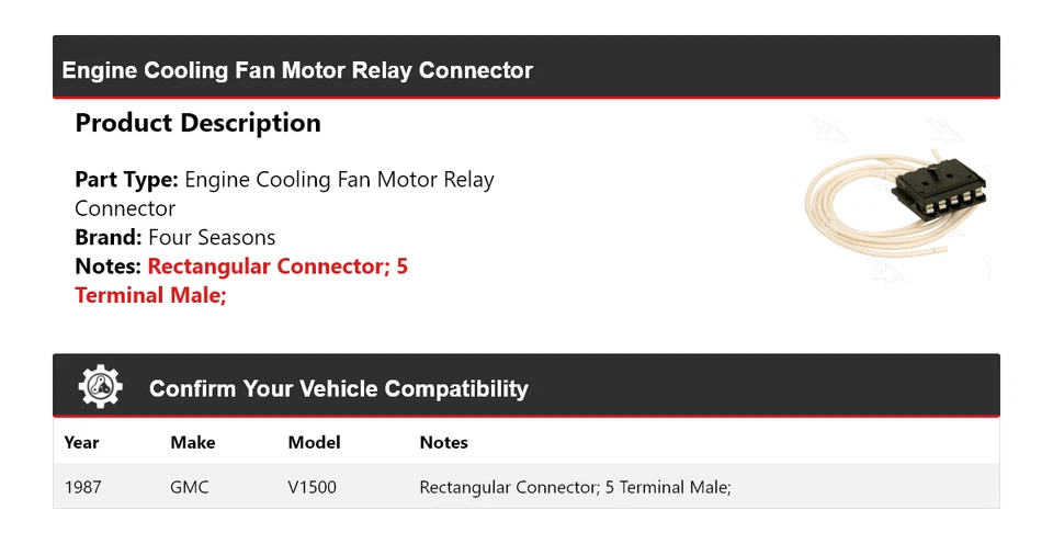 Conector relé motor ventilador refrigeración motor GMC V1500 1987 4 estaciones Foto 2 de 4