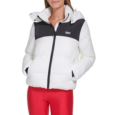 DKNY Women's Sport Colorblock Logo Puffer W/Removeable Hood, White, Medium