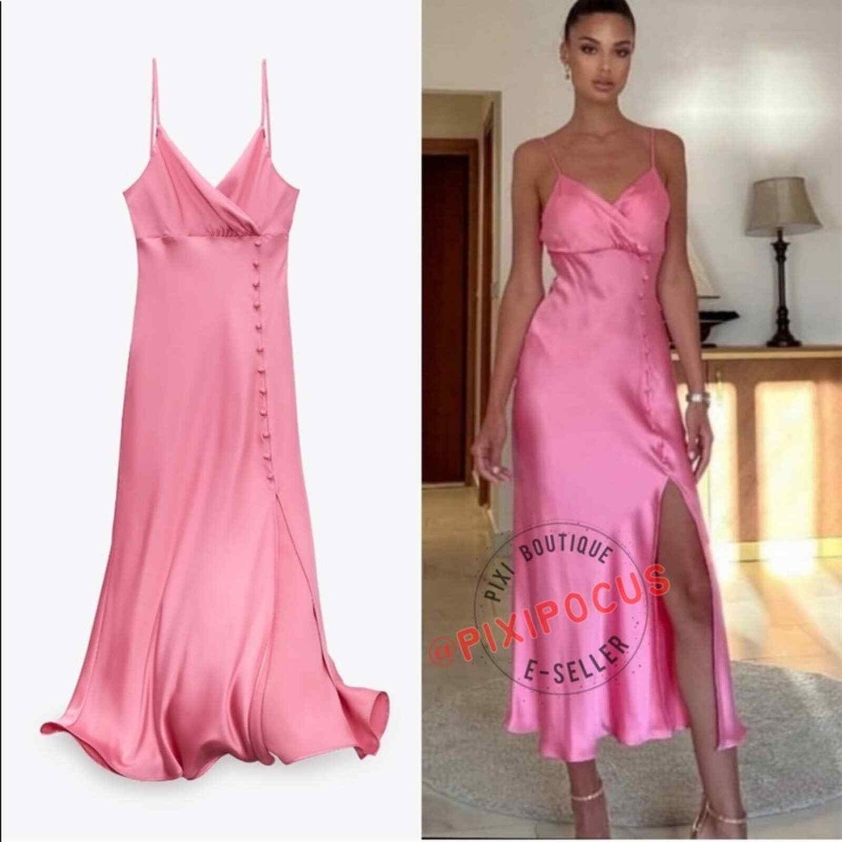 ZARA NEW SATIN BUTTONED SLIP DRESS MIDI BUBBLE GUM PINK S,M ZARA NEW SATIN BUTTONED SLIP DRESS MIDI BUBBLE GUM PINK S,M