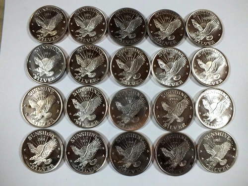 1 oz silver round 0.999 (20 rounds = 20 oz total) = SUNSHINE MINE = (Many Dates)