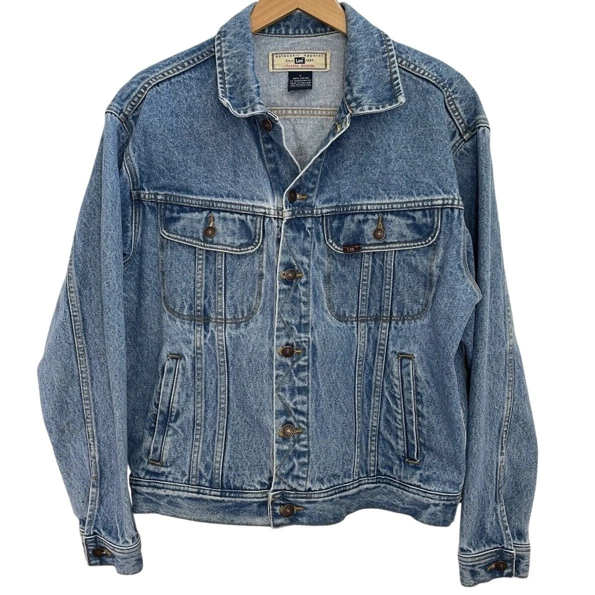 Vintage Lee Denim Trucker Jacket Medium Wash 100% Cotton Mens Large READ