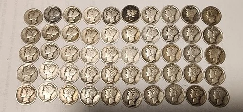 50 Mercury Dimes 10C Silver Coins (1916-1945) Circulated Business Strike Lot