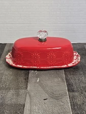 The Pioneer Woman Red Floral Bursts Covered Butter Dish Clear Top Knob 8” Xmas