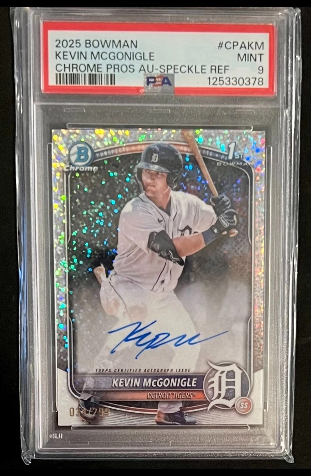Kevin McGonigle Auto 2025 Bowman Chrome 1st Speckle Refractor /299 - PSA 9