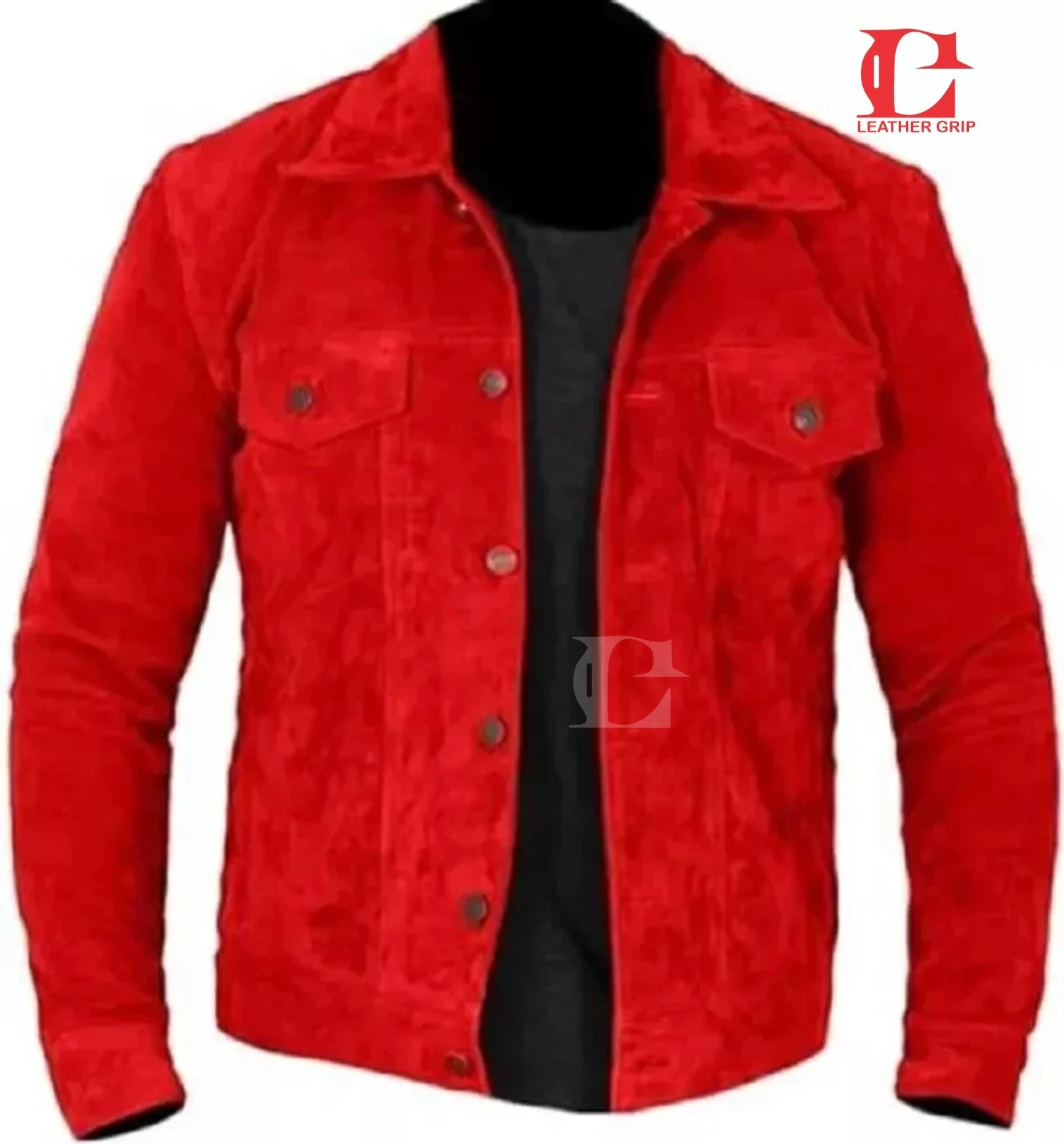 Men's Real Suede Leather Red Trucker Jacket Moto Biker Button Coat