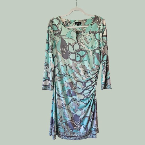 Tahari Arthur S. Levine Floral Ruched Sheath Dress Mint Green Grey Womens 12