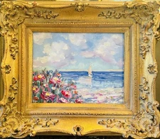 KADLIC Original Oil Painting Wildflowers Seascape Impasto Gold Gilt 15" Frame
