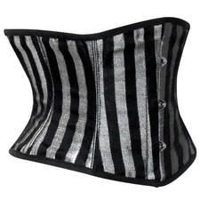 Black Silver Striped Steel Boned Under bust Corset Waist Trainer Cincher Shaper