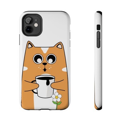 Cat With Coffee phone case, Cute Cat Mug illustration, Strong phone case