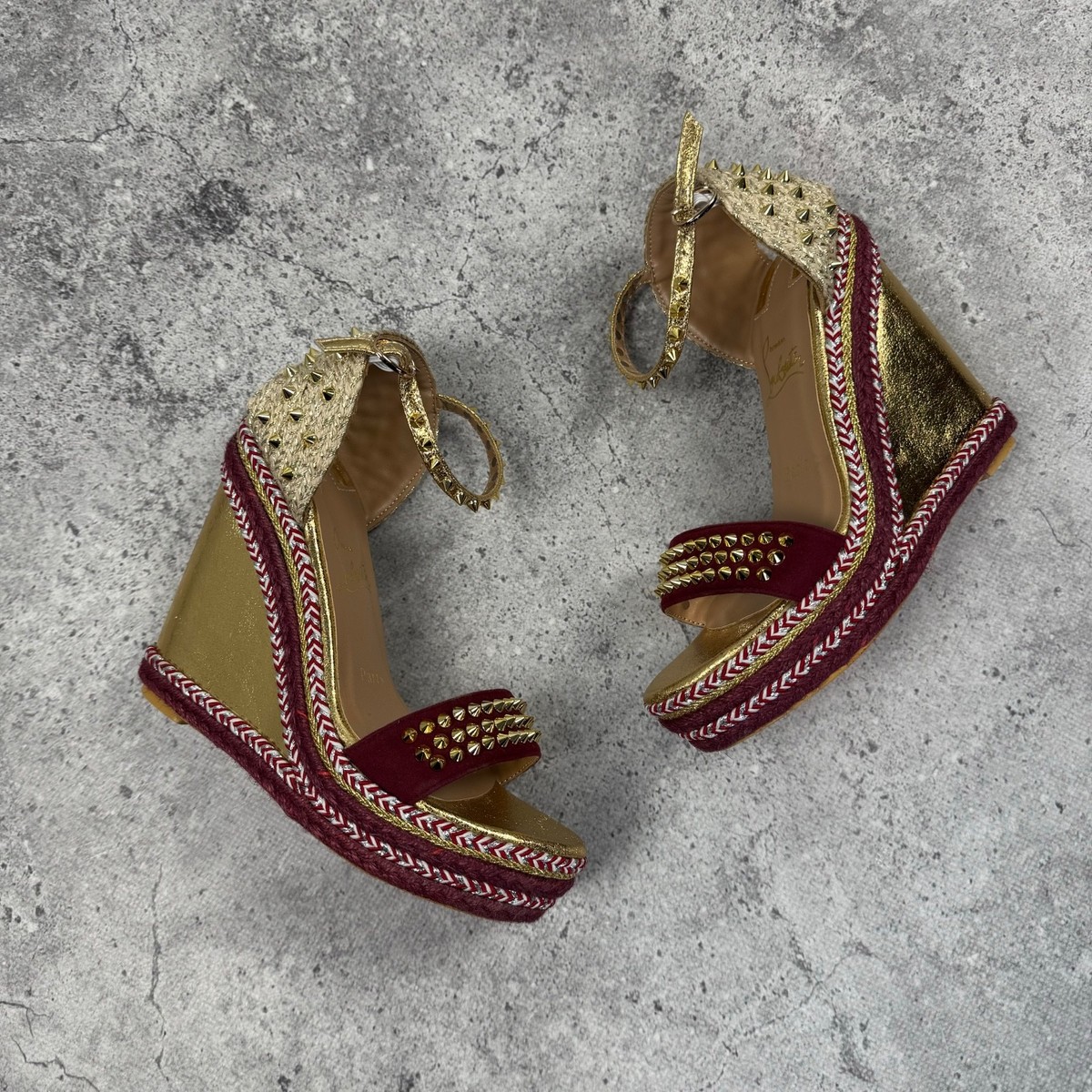 Christian Louboutin Madmonica Spike Wadge Platform 120 Gold Burbundy Size 41