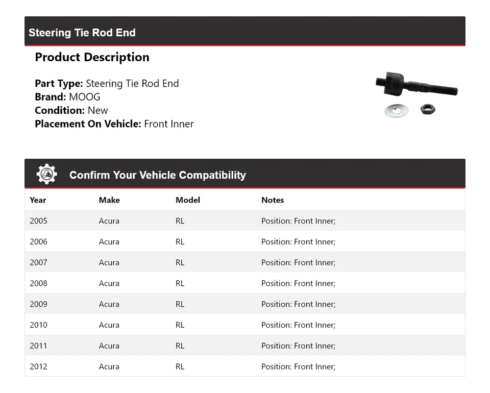 Para Acura RL 2005-2012 extremo de barra de dirección interior delantero MOOG 2005 2006 2007 2008 Foto 2 de 4