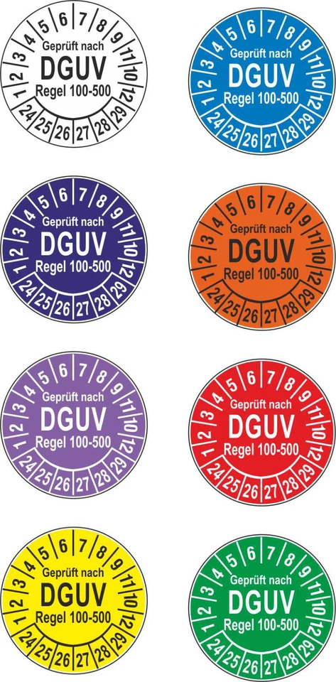 EIGENE HERSTELLUNG UVV Prüfplaketten DGUV Regel 100-500 Ø30mm oder Ø37mm ab 2024 (1228)