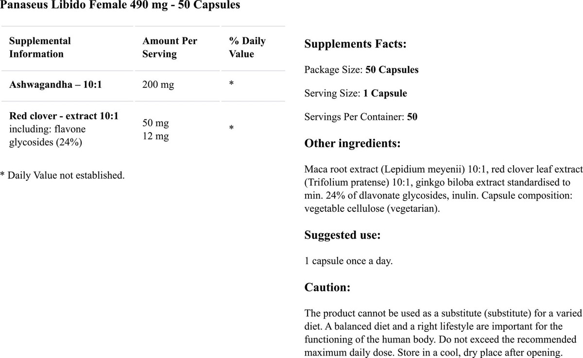 Complément Alimentaire Panaseus Libido Female 490mg - 50 Capsules, Neuf
