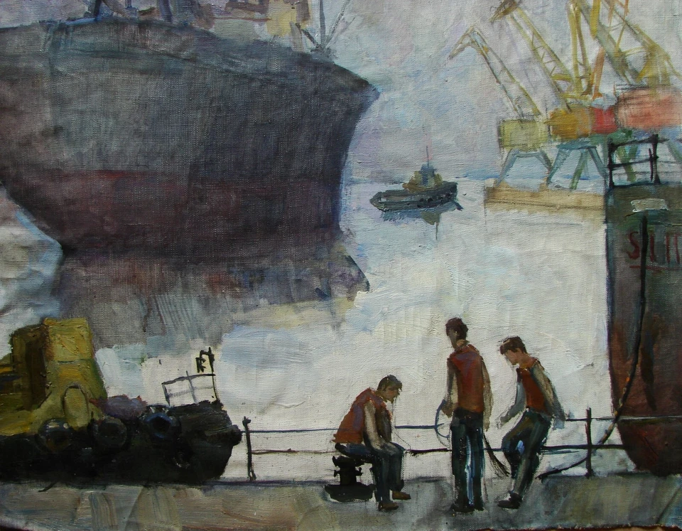 Pintura a óleo soviética ucraniana impressionismo industrial paisagem marítima navios trabalhadores - Imagem 3 de 4